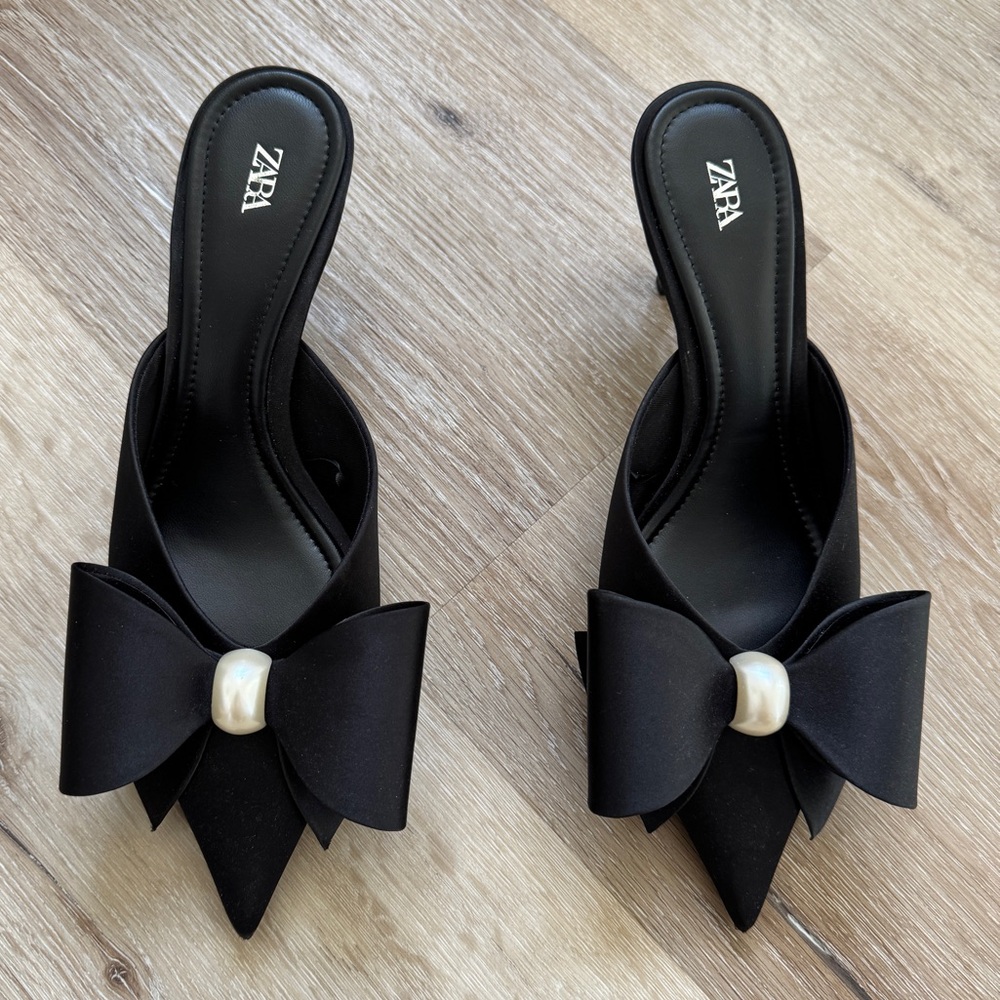 Zara Slip-On Heels w/ Satin Bow & Pearl Detail – Size 37
